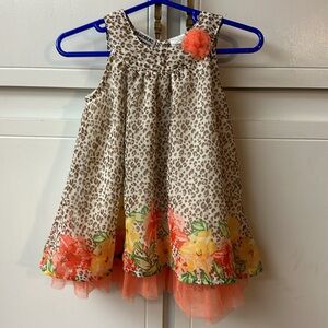 BLUEBERI BOULEVARD SLEEVELESS DRESS. Size 18M. Animal print w/yellow & orange.